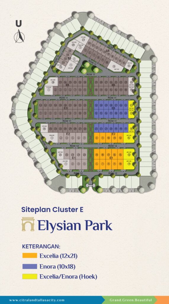 Site plan of Elysian Park Cluster E showing parcel blocks color-coded by type (orange, blue, yellow) with a legend at bottom.