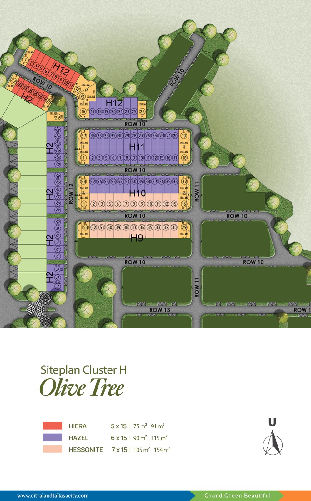 Site plan of Cluster H Olive Tree with color-coded blocks (Hiera, Hazel, Hessonite) and labeled rows showing plot layout and access roads.